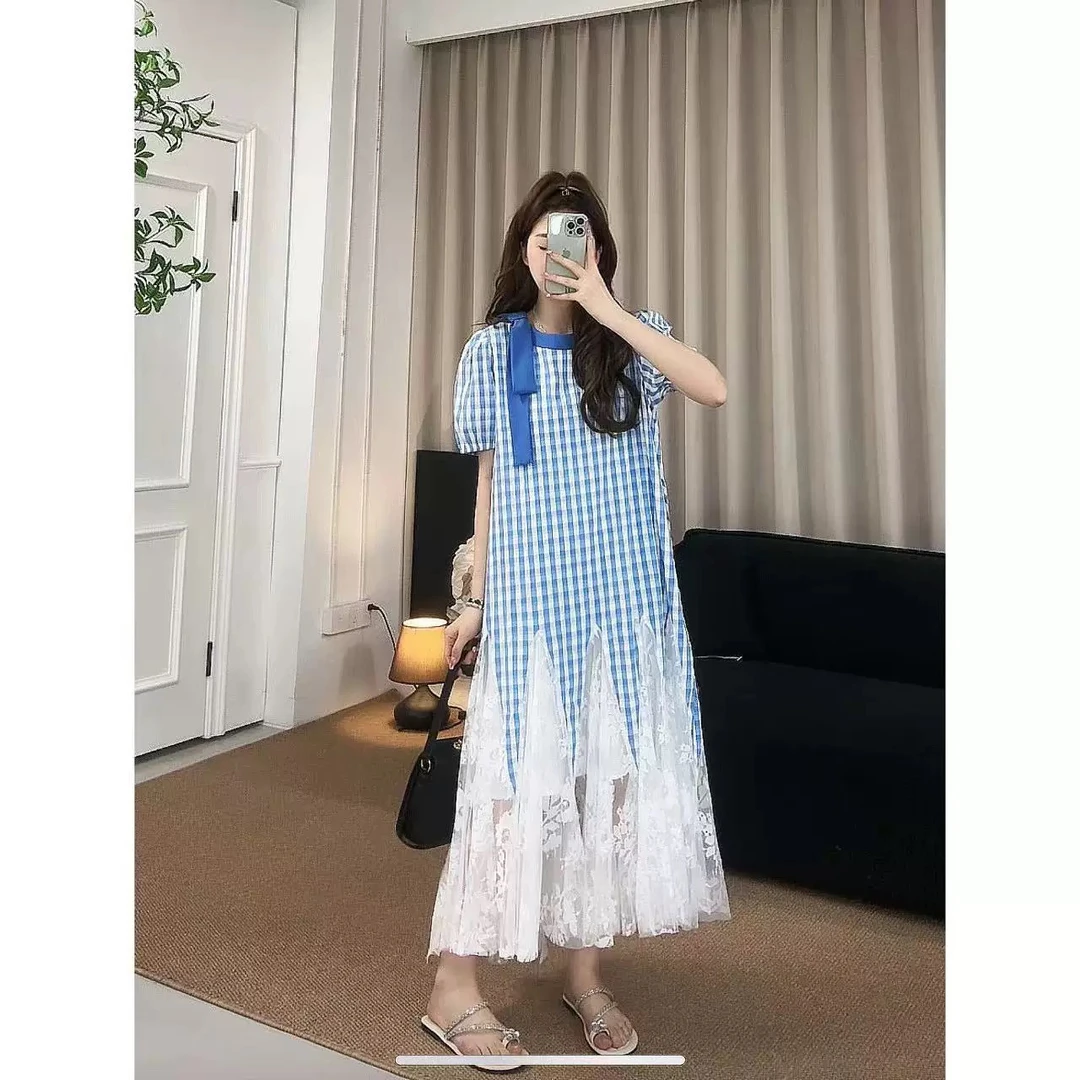 气质高腰中长裙连衣裙长裙圆领复古夏季泡泡袖甜美