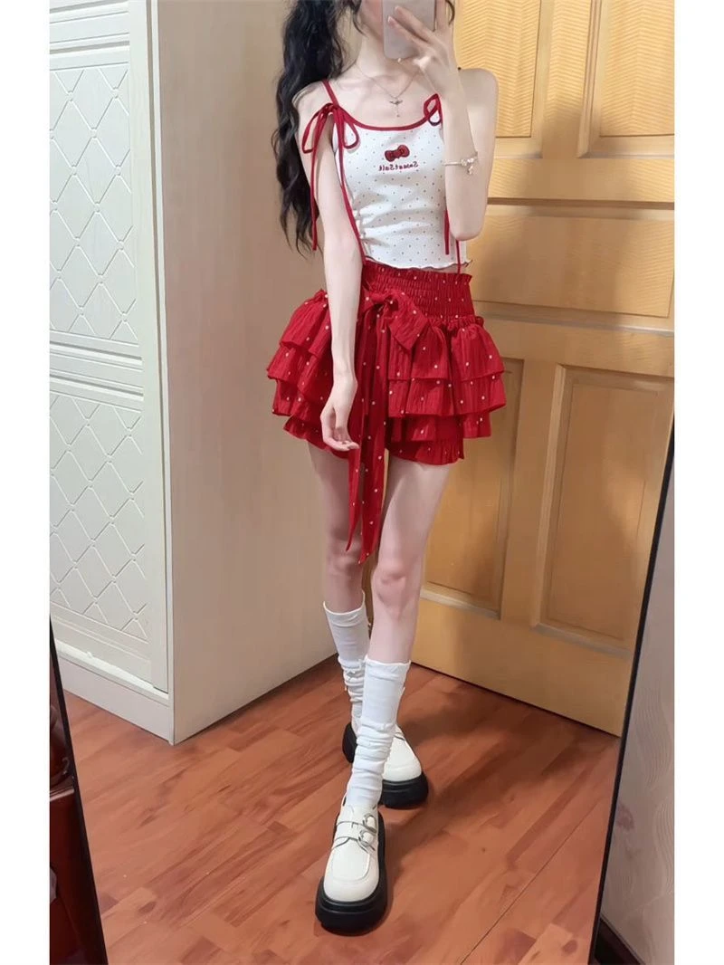 法式甜美时尚蝴蝶结波点吊带上衣女学生+红色蓬蓬半身裙纯欲百搭