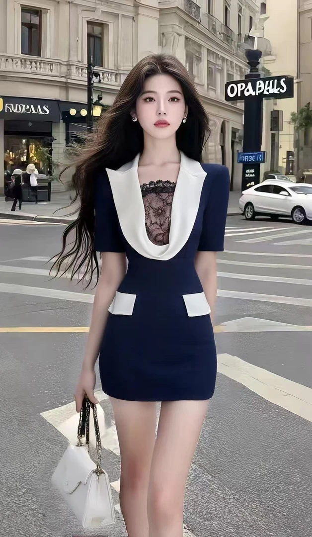 轻奢高端优雅温柔知性风荡领蕾丝收腰短袖包臀连衣裙时尚气质女装