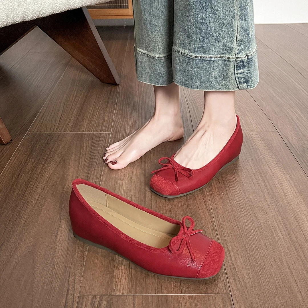 法式百搭多巴胺内浅口增高单鞋大码豆豆鞋芭蕾鞋软底方头女鞋