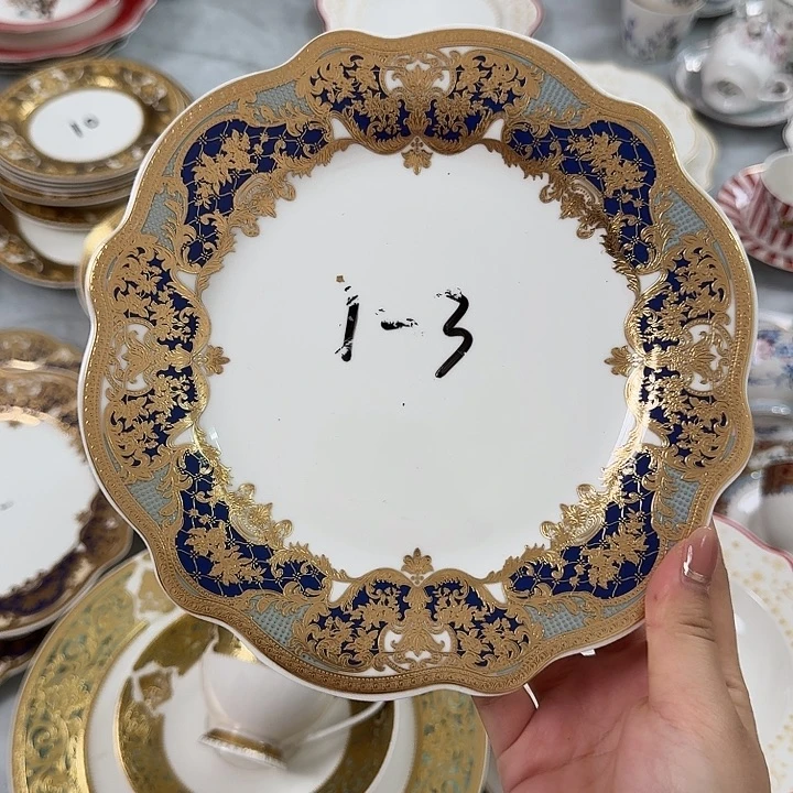 瓷8英寸蓝金平盘4个微瑕