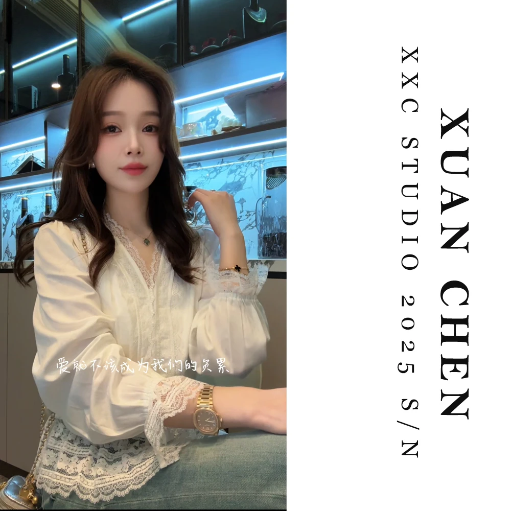 【优雅法则】春季设计感薄款蕾丝拼接衬衫法式轻奢优雅风蕾丝衫8052