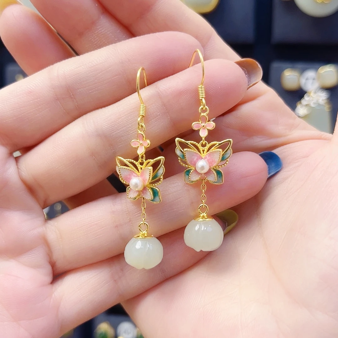 和田玉银S925镀金镶嵌耳饰