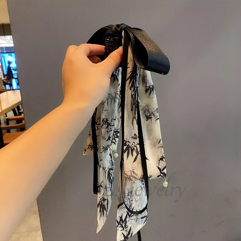 新中式竹节蝴蝶结马尾夹女小众设计古风汉服长款飘带后脑勺发抓