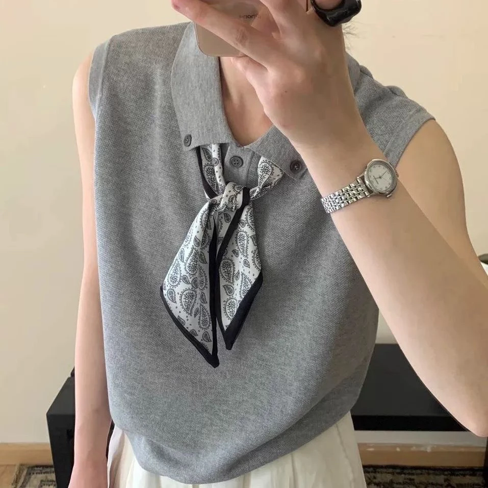 现货】夏季新款无袖上衣时尚气质简约百搭翻领丝巾针织衫上衣女