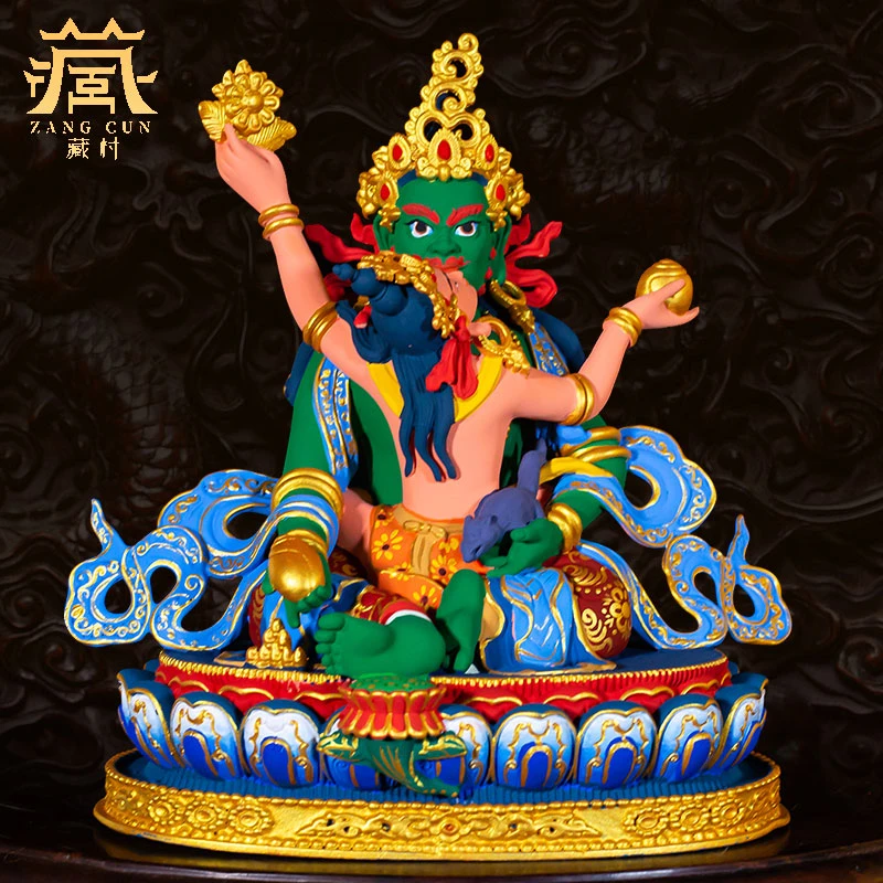 藏村《彩绘绿财神》铜像摆件藏传家用五姓财神铜雕室内玄关家居摆设