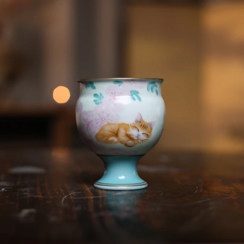 阿茶   天水碧桃花猫高脚杯（华隐S0866）