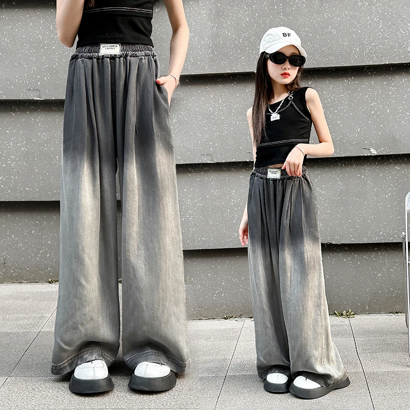 女童裤子夏季薄款2025洋气垂感黑色女大童夏款渐变天丝牛仔阔腿裤