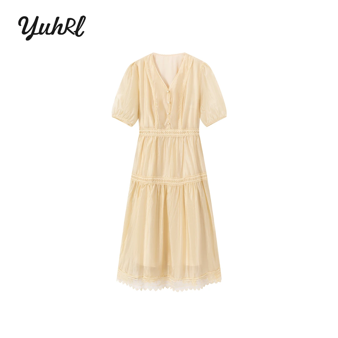 【陈大可】田园风夏季优雅法式气质时尚方领显瘦褶皱连衣裙#25GJC27