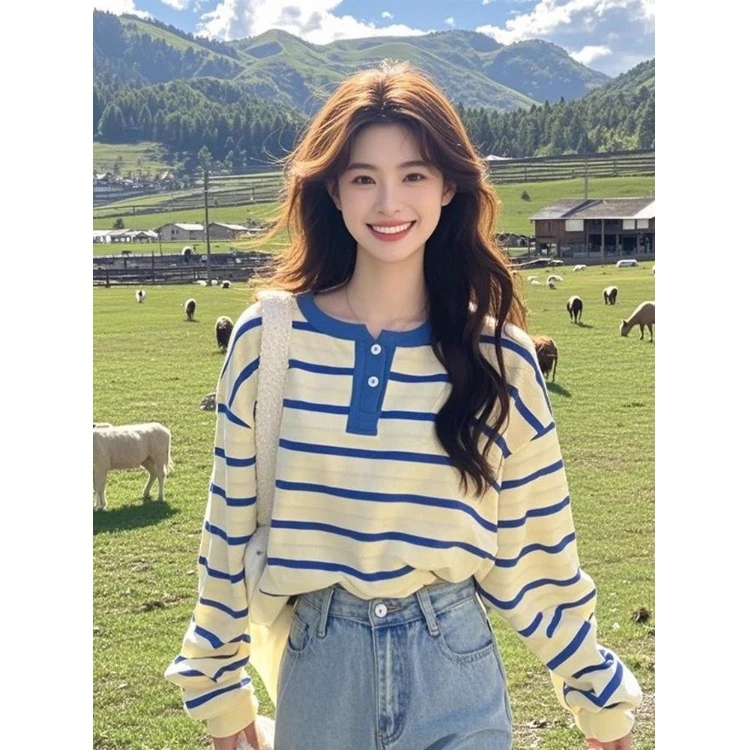 韩系半开扣撞色条纹宽松长袖t恤女春季新款别致绝美显瘦时尚上衣