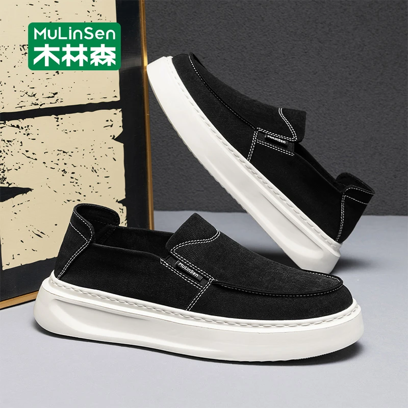 木林森板鞋男2025新款秋季透气轻便男士布鞋一脚蹬开车休闲帆布鞋