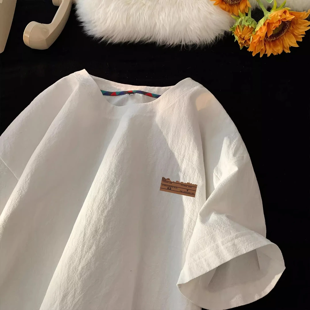 贴标亚麻短袖t恤男士秋季2025新款潮牌宽松体恤潮流百搭棉麻衣服