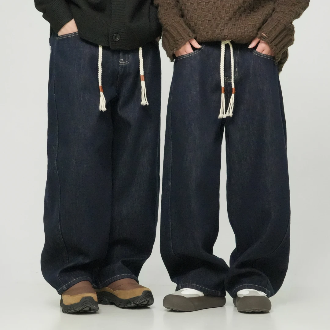 青式【青山黄芽】秋冬款宽松加绒加厚牛仔裤休闲慵懒感长裤男女同款