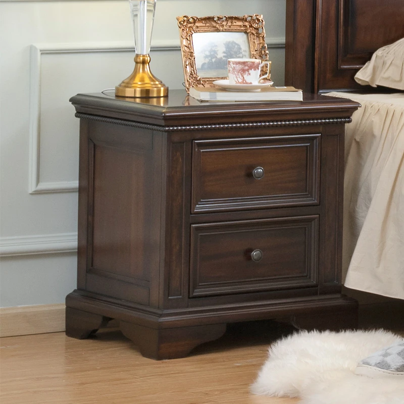 核桃木美式双抽床头柜复古古典玄关卧室落地奢华高端两抽床头柜
