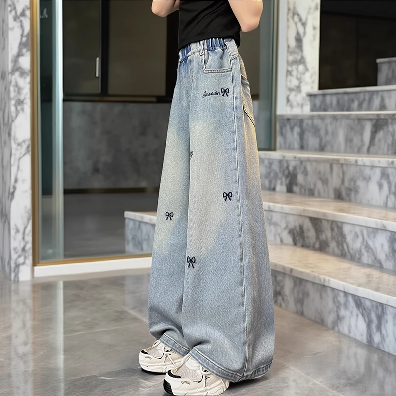 女童秋款牛仔裤2025新款儿童洋气阔腿裤大童绣花蝴蝶结牛仔直筒裤