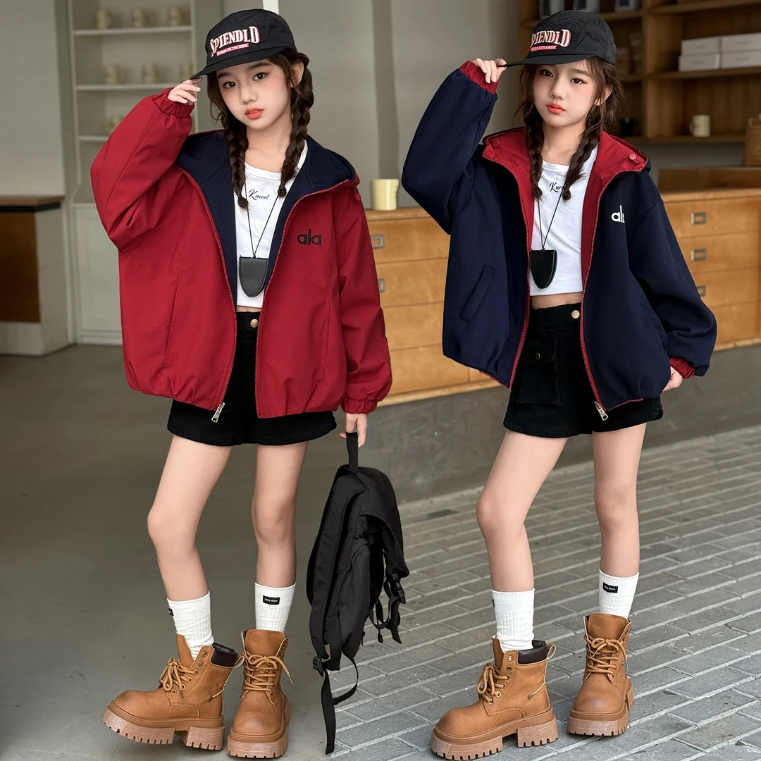 女童双面穿外套春秋款2025新款儿童洋气上衣中大童秋季连帽冲锋衣