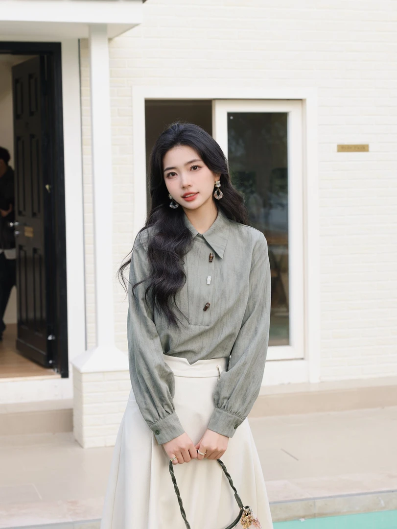 丁佳欣【清晨迷雾】港风复古暗纹长袖衬衫女宽松显瘦上衣JK0725134