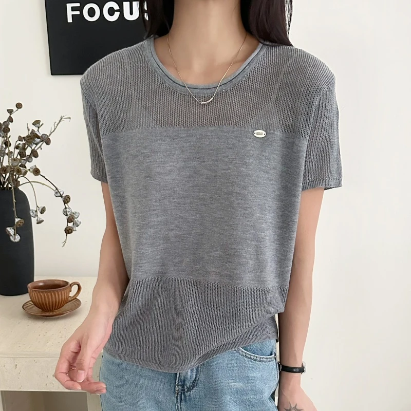 夏季薄款透气圆领上衣短袖女款爆款2025新款宽松罩衫显瘦针织衫
