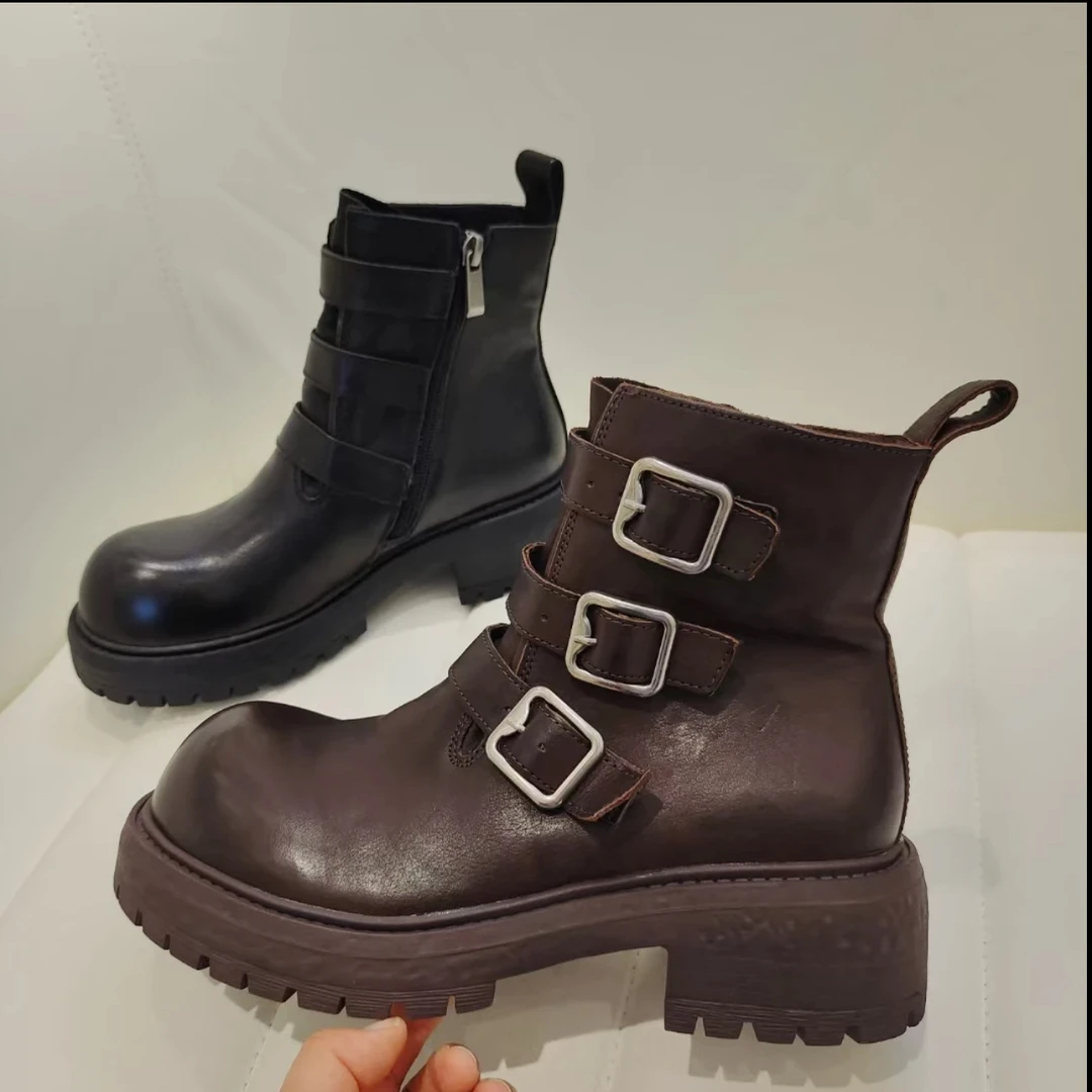头层牛皮马丁靴英伦风 不规则小排扣单里不加绒 侧拉链