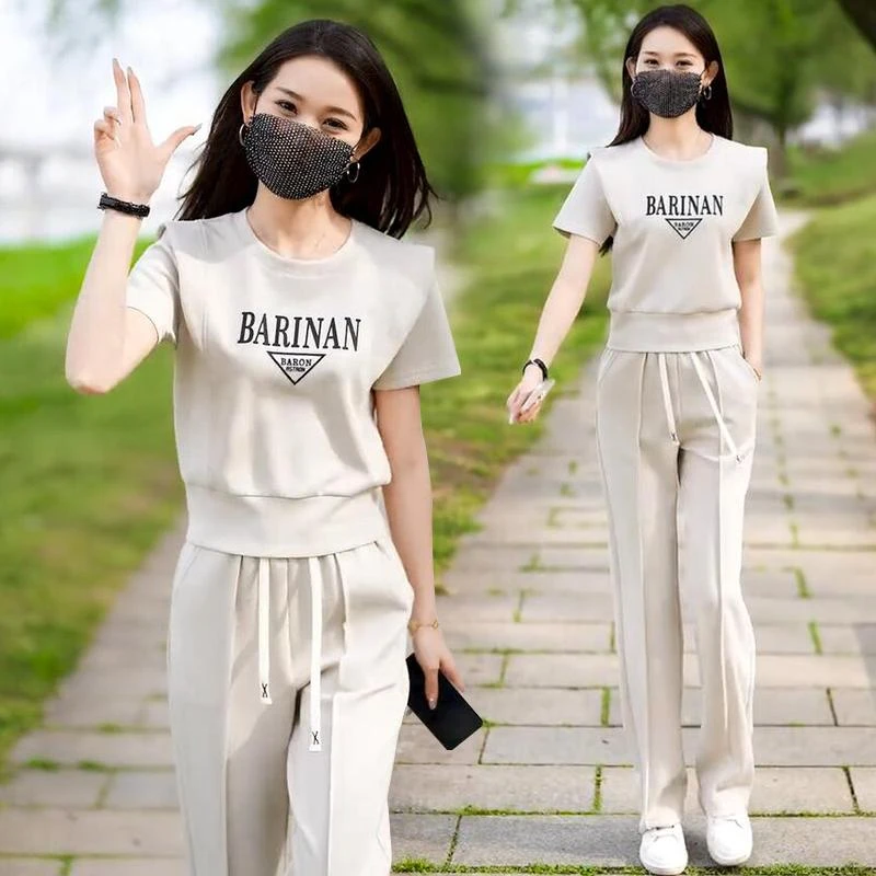 高含棉时尚运动服套装女2025年夏季新款显瘦圆领卫衣阔腿裤两件套