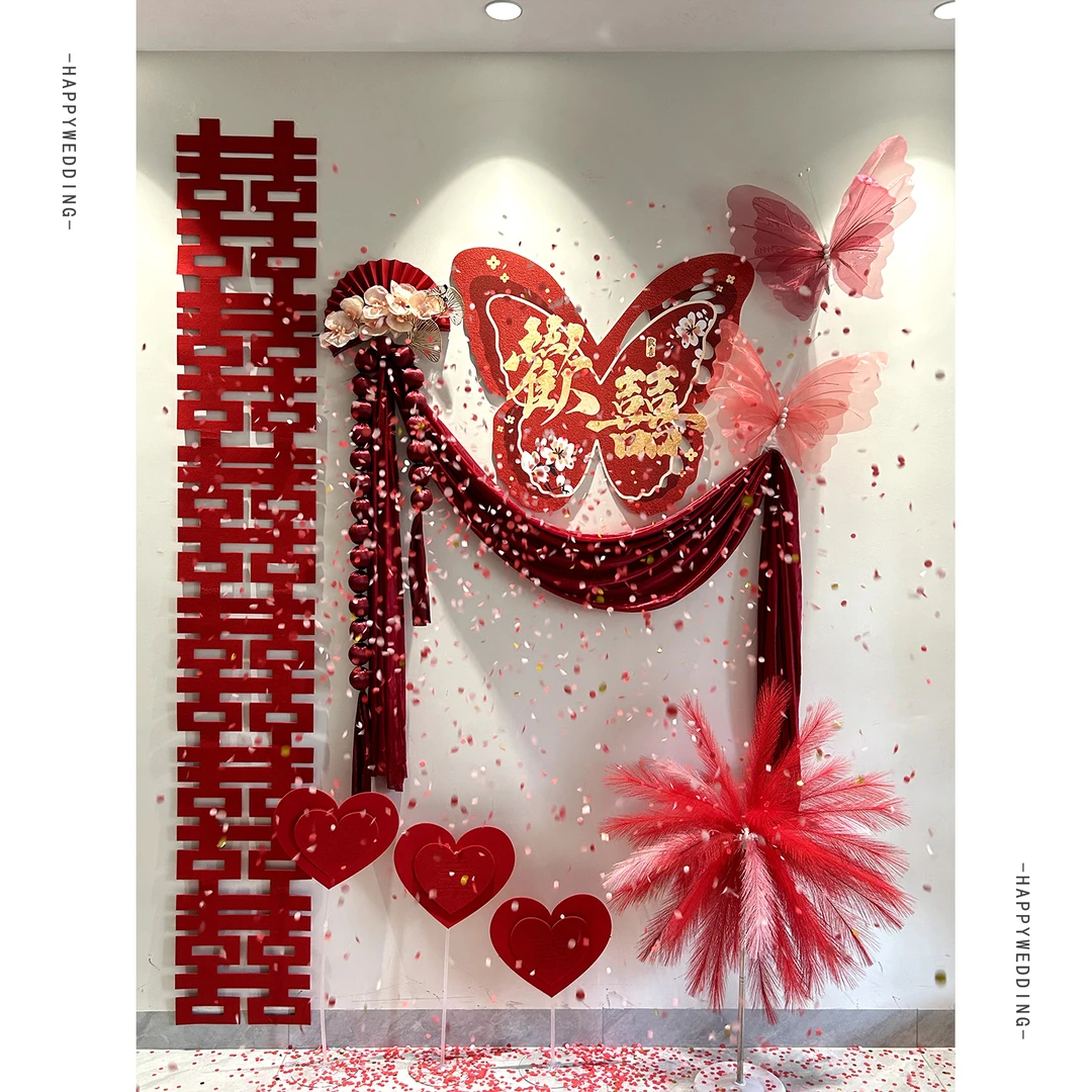 婚房氛围感布置结婚套装喜字KT板背景墙婚房布置女方客厅卧室墙面