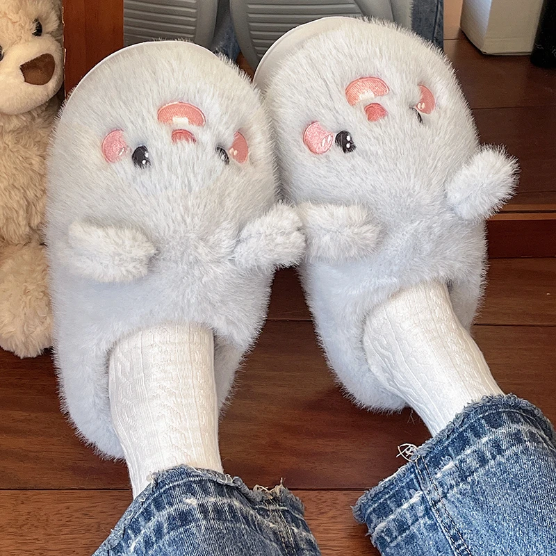 卡通可爱毛绒棉拖鞋女冬季室内居家加绒厚底保暖防滑可外穿棉拖鞋