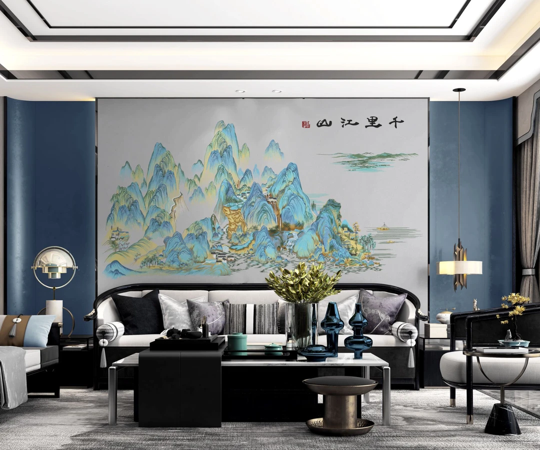 仙境云峰图高端新中式沙发背景独绣墙布刺绣国潮