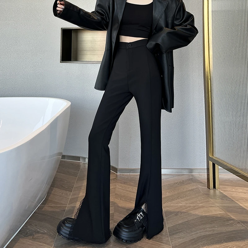 百搭黑色蕾丝开叉微喇西装裤女秋季高腰垂感阔腿裤直筒休闲喇叭裤