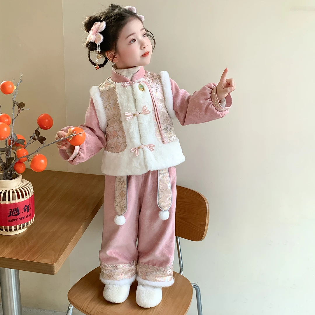 女童加绒套装儿童洋气时髦加厚拜年两件套小女孩宝宝秋冬装2025新