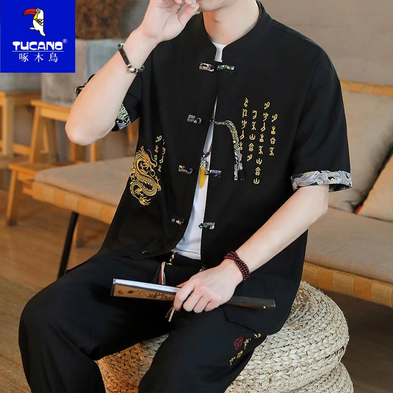 啄木鸟中国风套装男立领佛系两件套刺绣汉服夏季新品短袖盘扣唐装