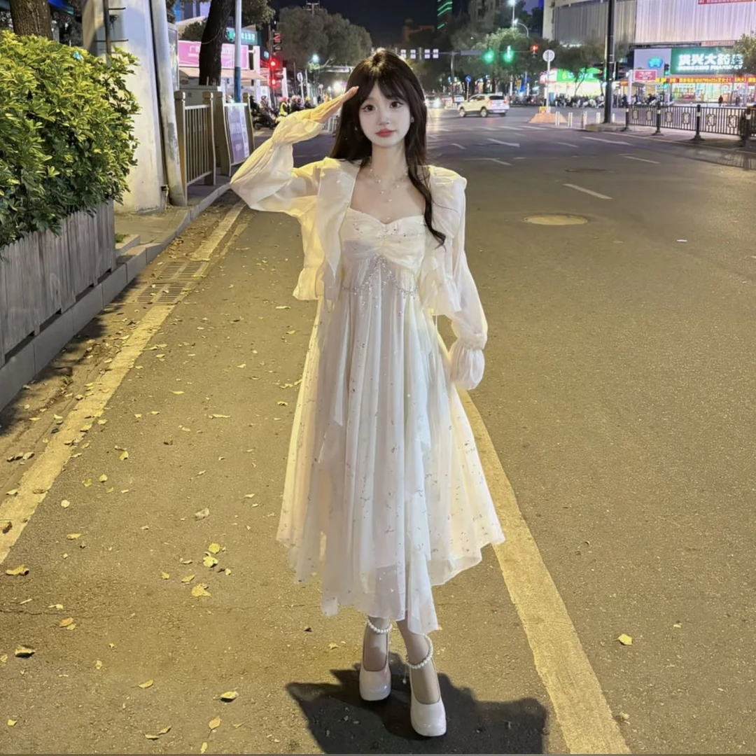 2025春秋新款白月光水钻闪闪不规则吊带连衣裙+花边外披开衫套装