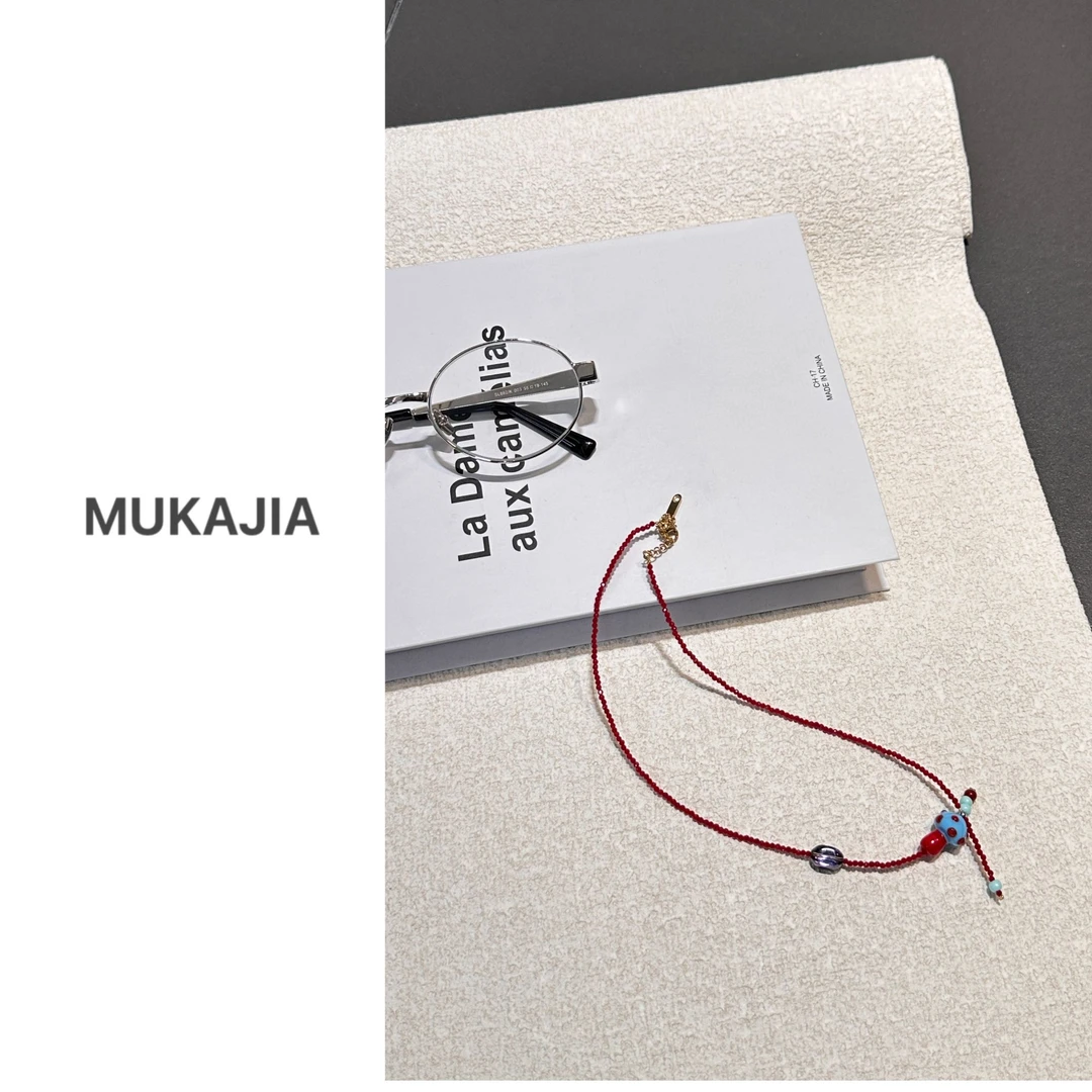 非金属仿水晶项链 木卡家定制款520氛围感红蓝可爱蘑菇百搭项链