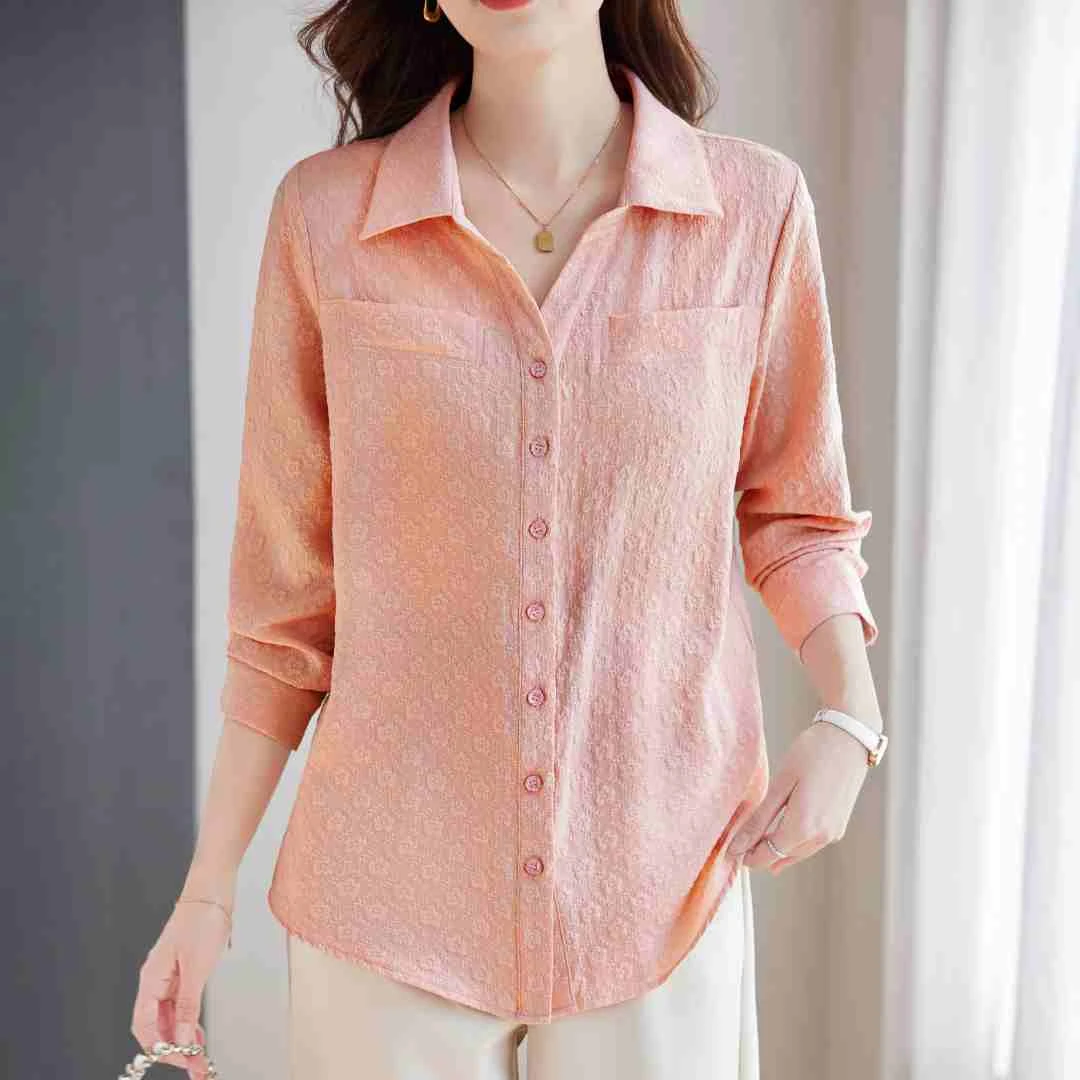 女士衬衫长袖2025春秋新款时尚减龄大码女装上衣提花休闲衬衣外套