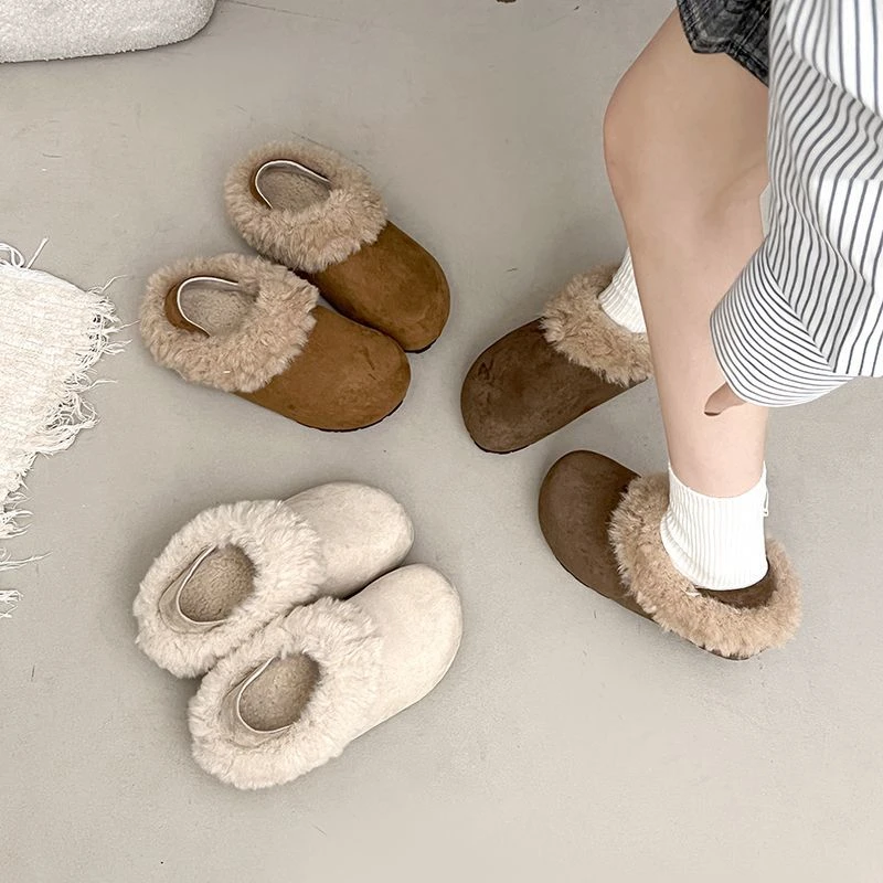 厚底包头半拖勃肯鞋女外穿2025冬季新款复古加绒保暖两穿毛毛棉鞋