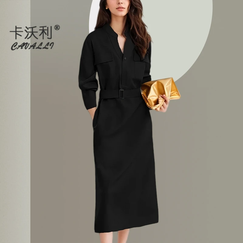复古黑色连衣裙长袖2025秋季休闲工装风修身衬衫裙时尚百搭气质