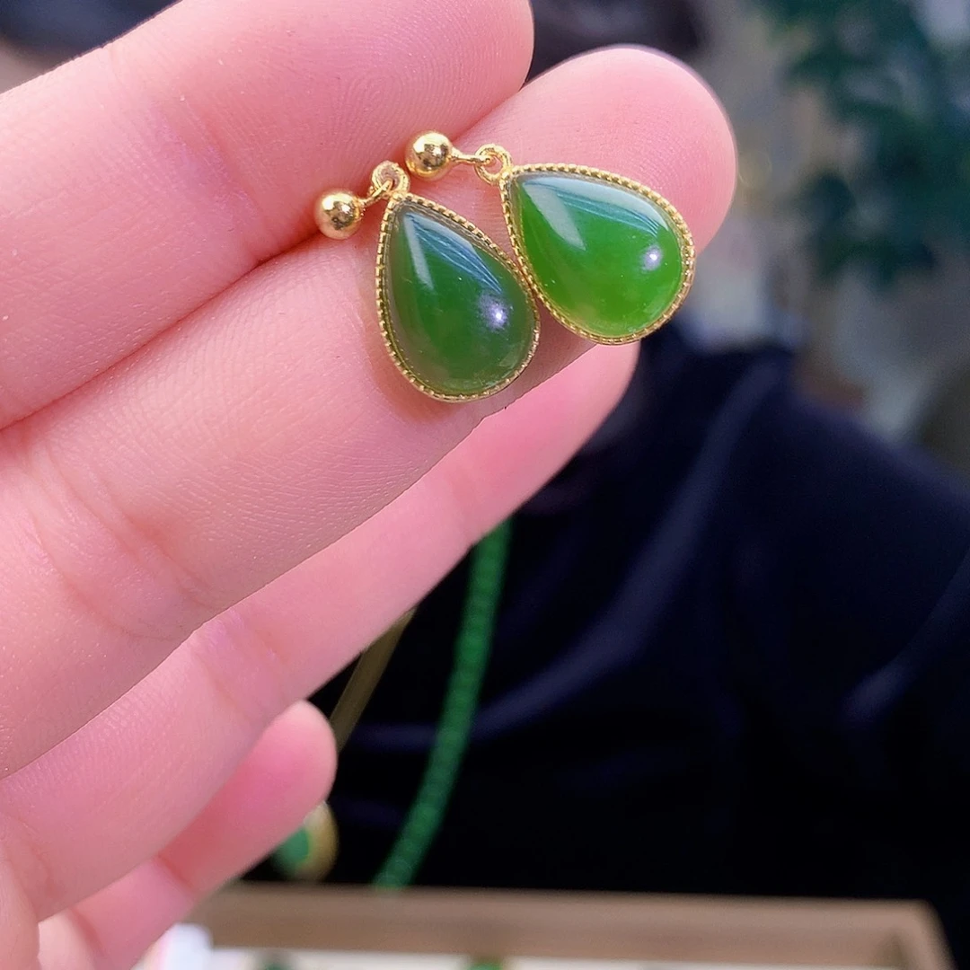 吊坠(不含链)银S925镶嵌和田玉（碧玉）耳钉