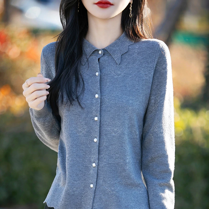 【精仿细羊毛】POLO领镂空羊毛开衫长袖时尚气质百搭针织外套女