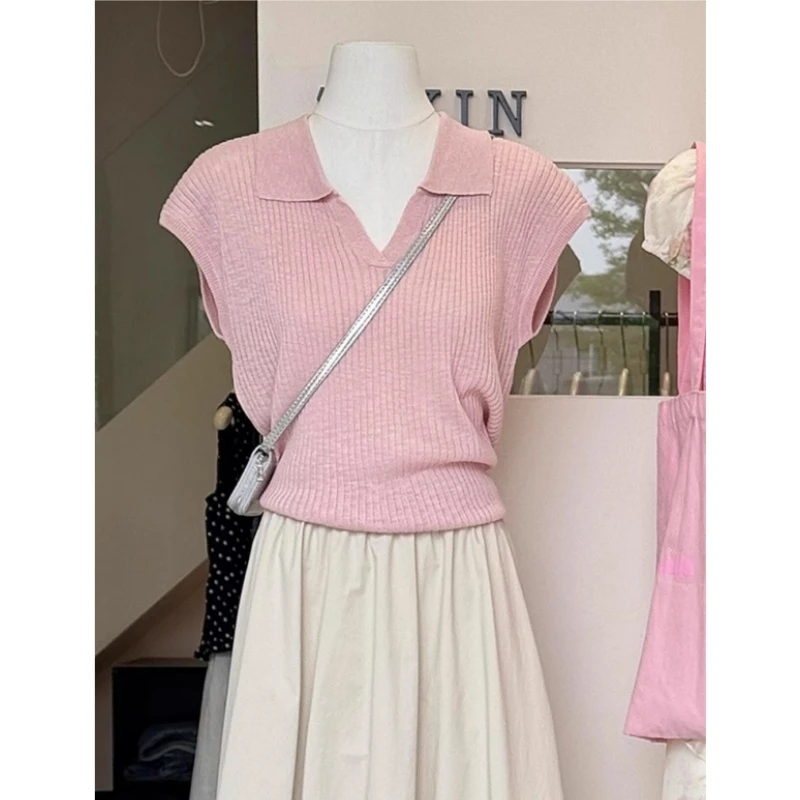 粉色小飞袖冰丝针织短袖T恤女夏2025温柔风显瘦百搭短款翻领上衣