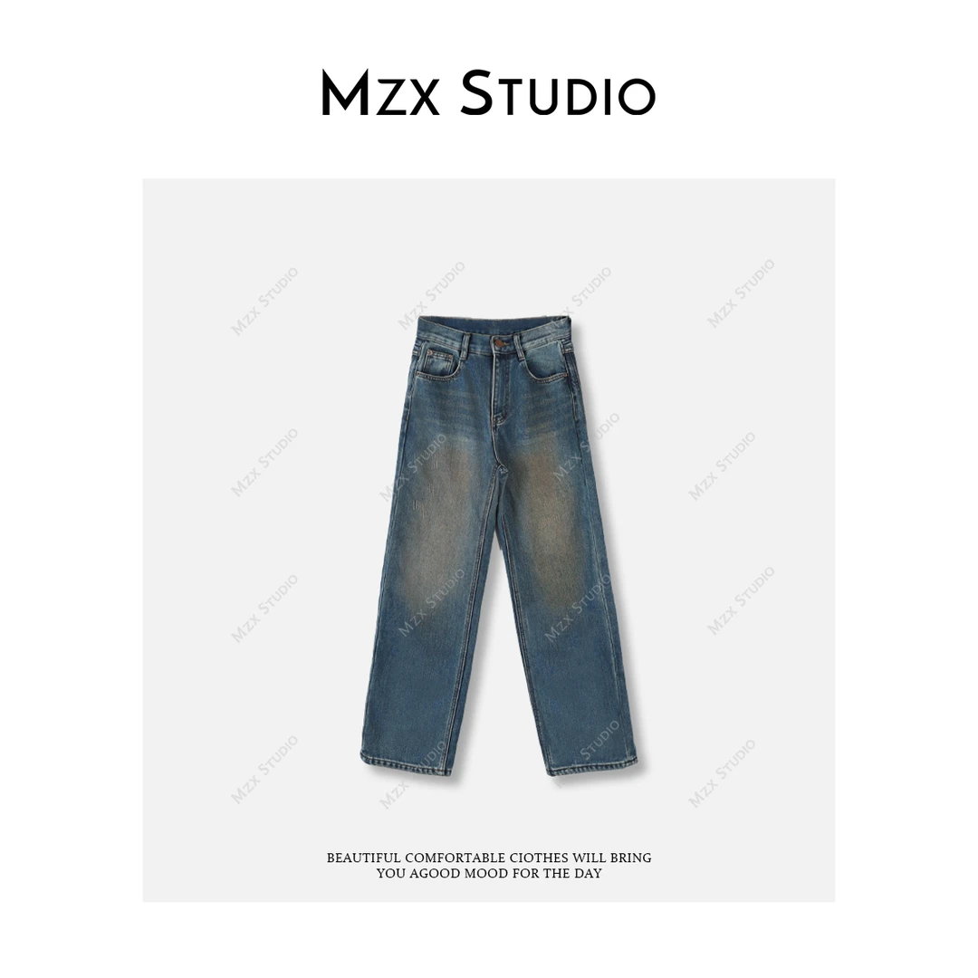 MZX复古做旧泛黄挺阔感宽松直筒加绒牛仔裤KZ5215-M
