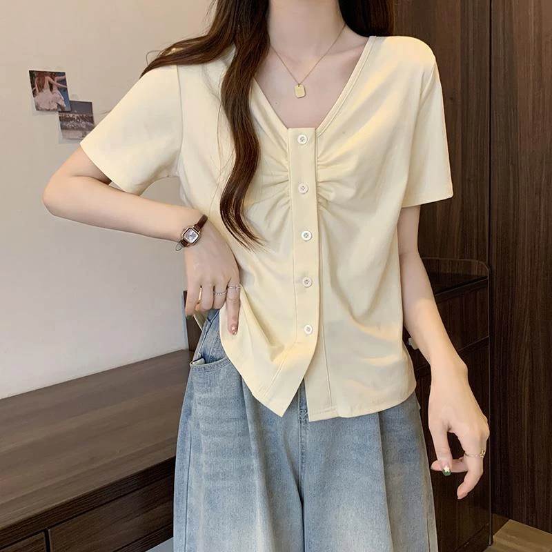 独特别致正肩短袖t恤女2025夏季新款大码微胖mm显瘦设计感v领上衣