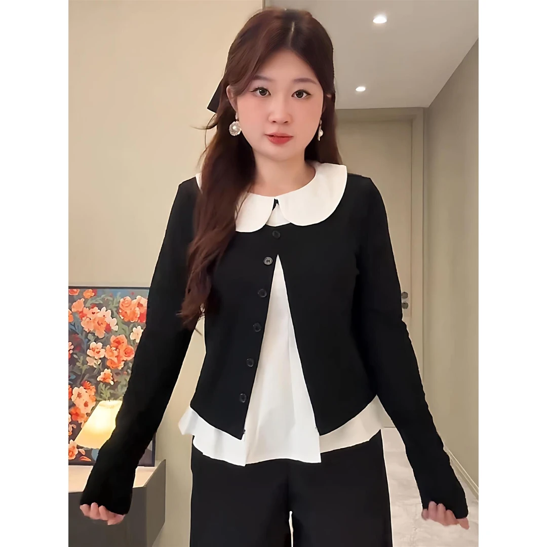 大码韩系慵懒风减龄套装秋季胖mm娃娃领内搭+短款针织开衫两件套