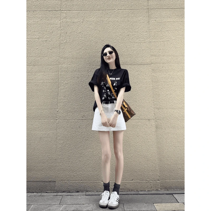 时尚洋气休闲服印花短袖T恤上衣女夏季高腰白色显瘦百搭半身裙