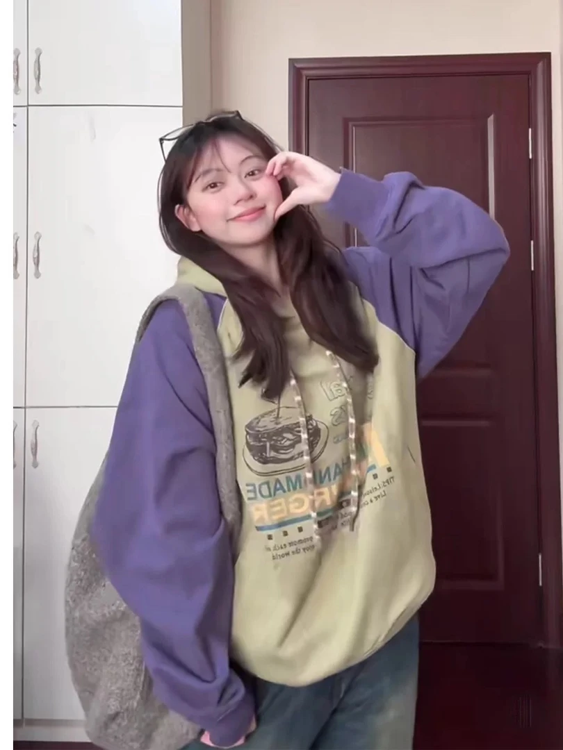 韩版高街潮牌字母印花撞色插肩连帽长袖卫衣女春秋原宿风别致外套