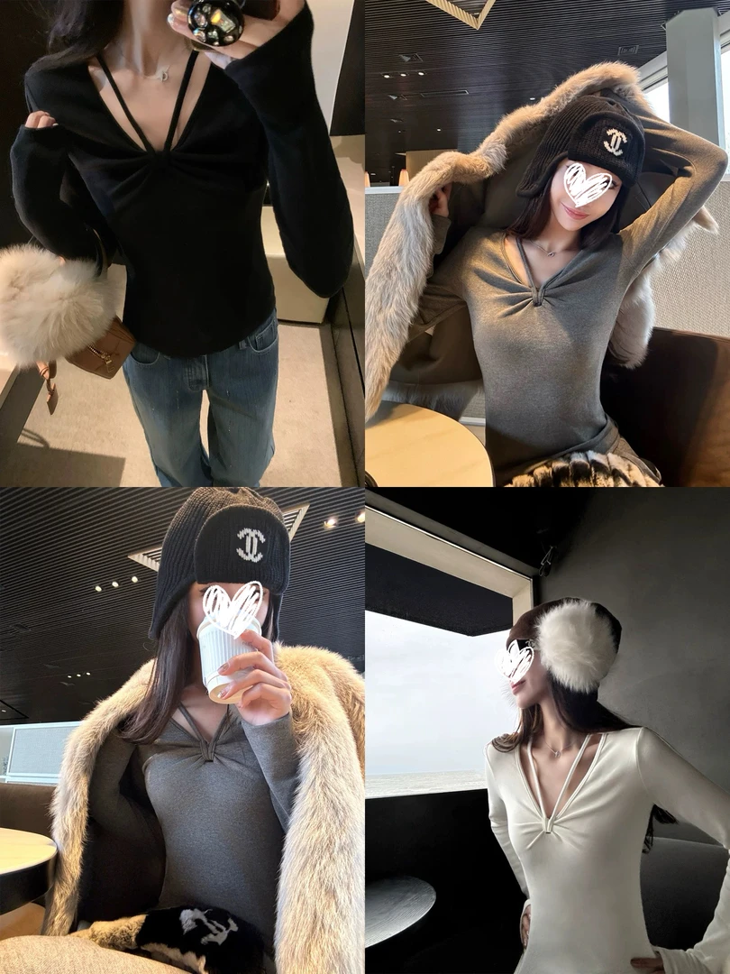 挂脖暖肤绒修身打底衫女v领显瘦内搭上衣冬