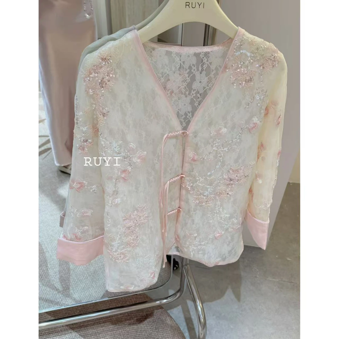 824【Y I桃花姬】新中式刺绣珠片国风盘扣薄宽松百搭外套RY2530413