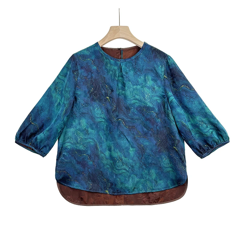 提花花萝红云纱七分袖上衣夏季复古透气时尚妈妈衫 长60/65