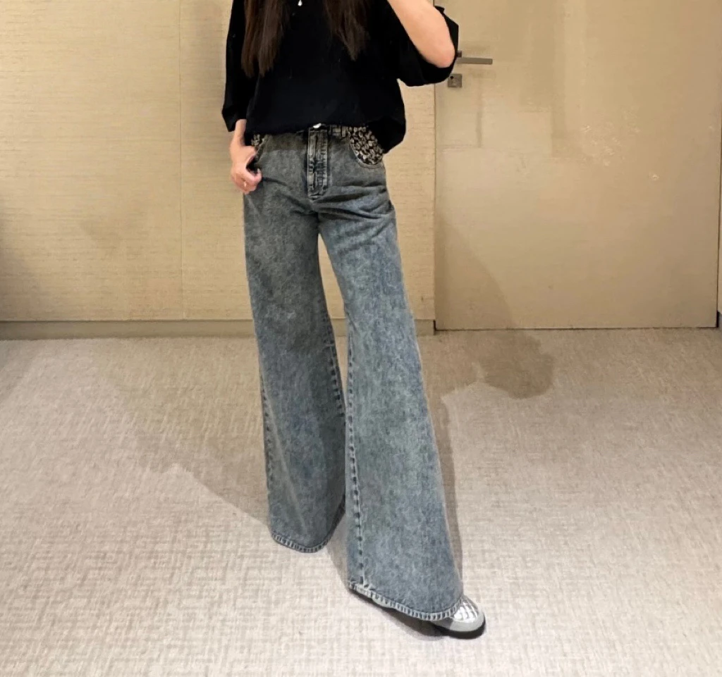 「长芯」高定25复古印花口袋拼接渐变色阔腿牛仔裤YZ25W09014