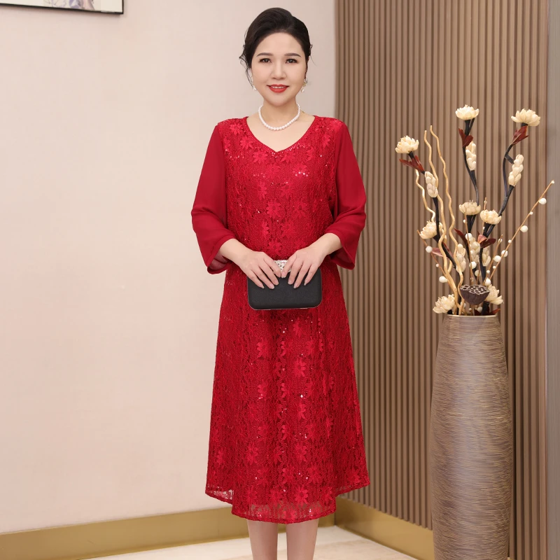 高贵蕾丝喜婆婆连衣裙大码红色喜庆婚宴礼服裙平时可穿结婚喜服裙