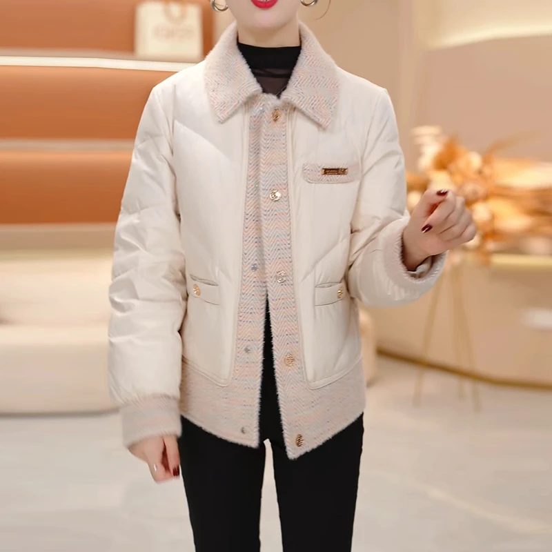 小香风时尚翻领短款羽绒服女2025新款冬季妈妈装洋气宽松保暖外套