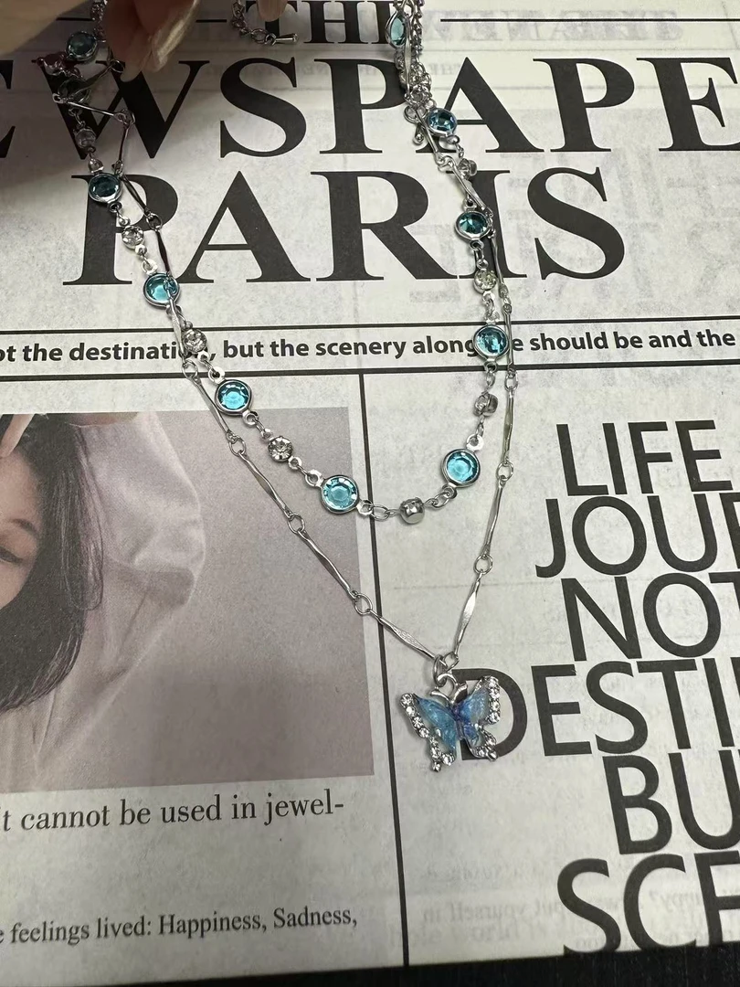 铜合金锆石项链 法式/轻奢小众设计款双层几何蓝色蝴蝶项链#161